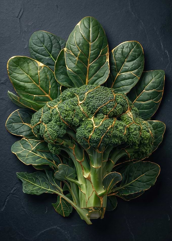 Broccoli and Spinach with Gold Accents