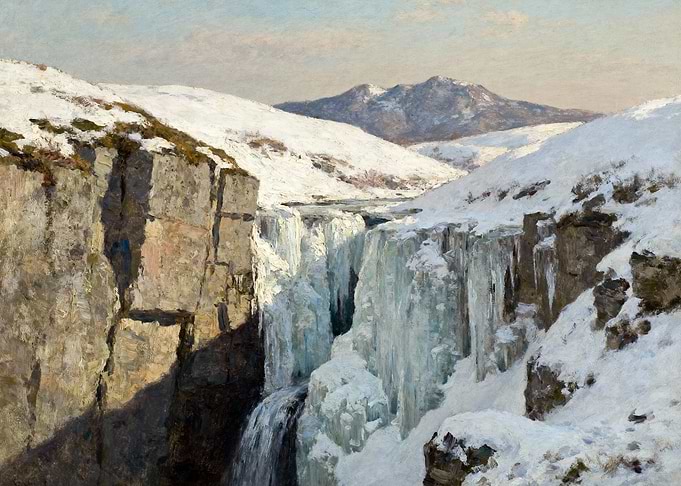 Frozen Waterfall in Winter Landscape