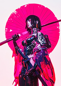Cyberpunk Samurai with Pink Umbrella