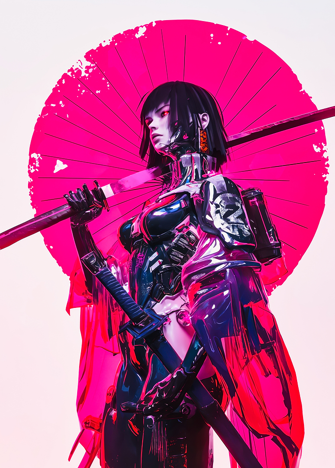 Cyberpunk Samurai with Pink Umbrella