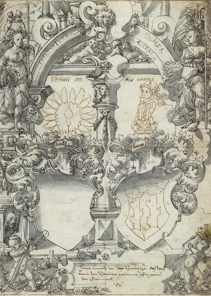 Ornate Coat of Arms with Figures and Text