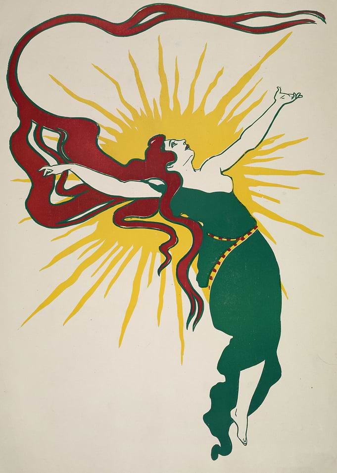 Woman with flowing hair and sunburst