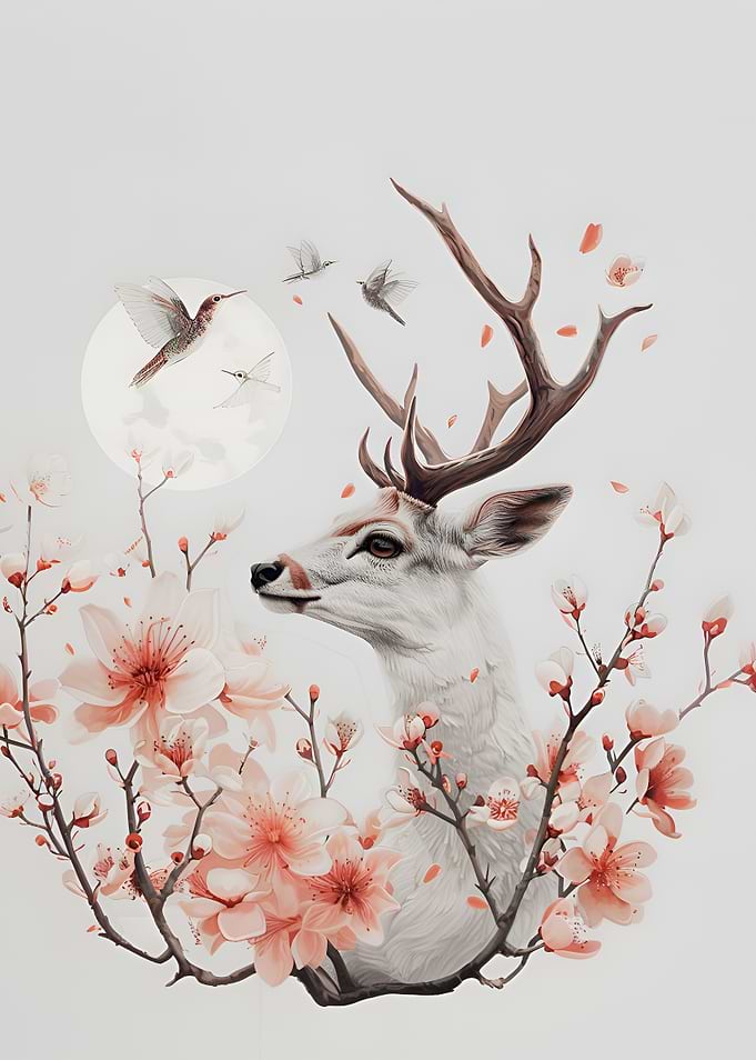 White Deer with Cherry Blossoms and Hummingbirds