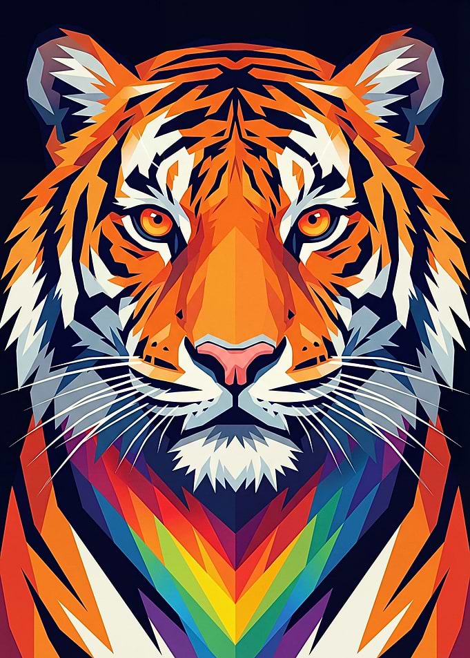Geometric Tiger with Rainbow Mane