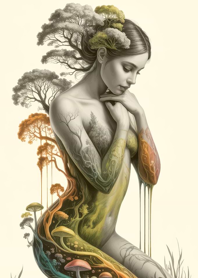 Nature Woman with Trees and Mushrooms