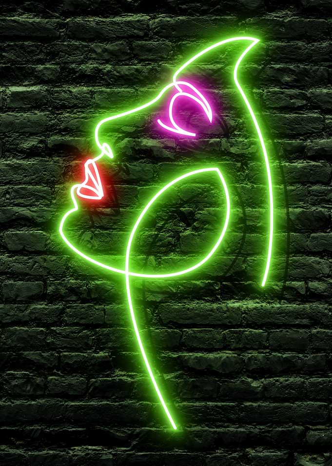 Beautiful Neon Woman Face on a dark Brick Wall Background