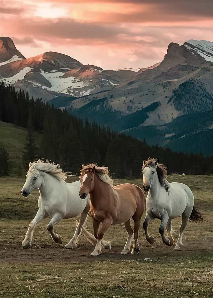 Horses running in mountains