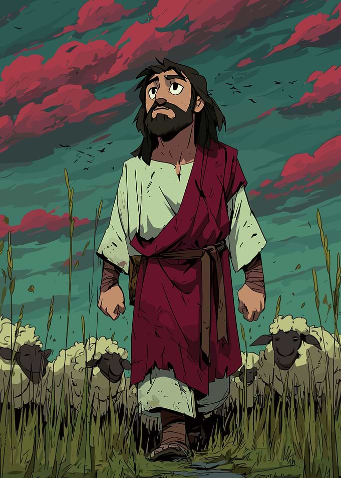 Jesus As A Shepherd with Sheep in Dramatic Sky