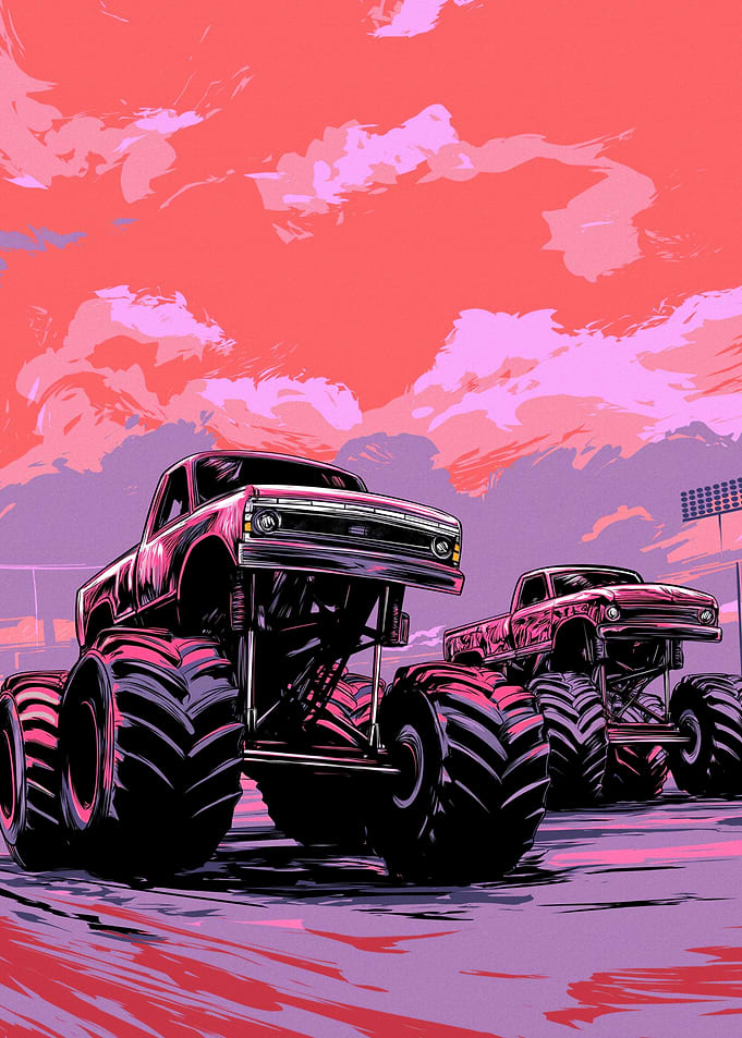 Monster Trucks in Pink and Purple
