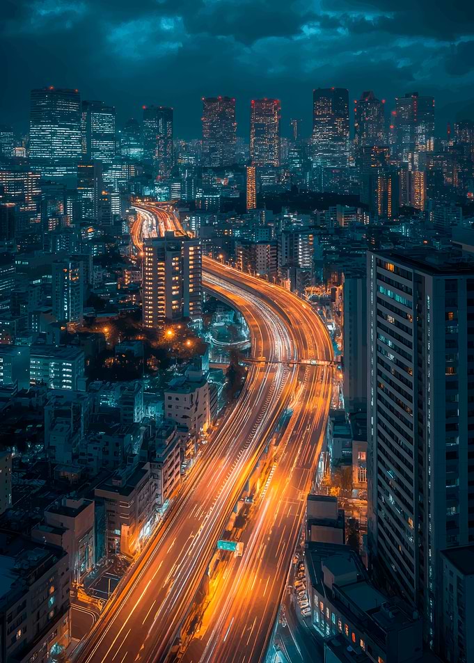 Nighttime Cityscape with Light Trails