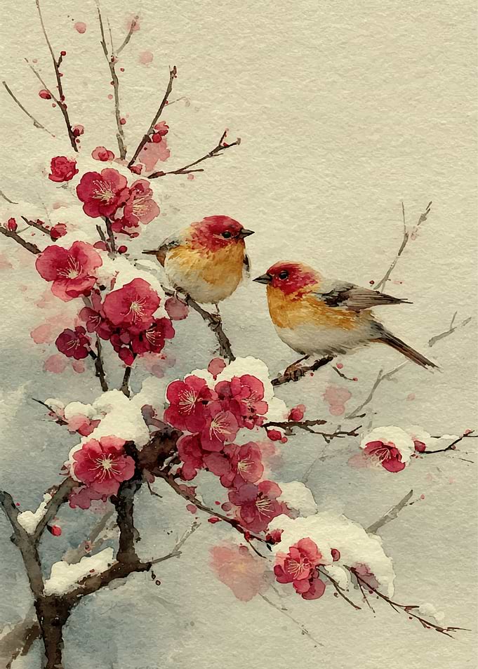 Two birds on a snowy branch