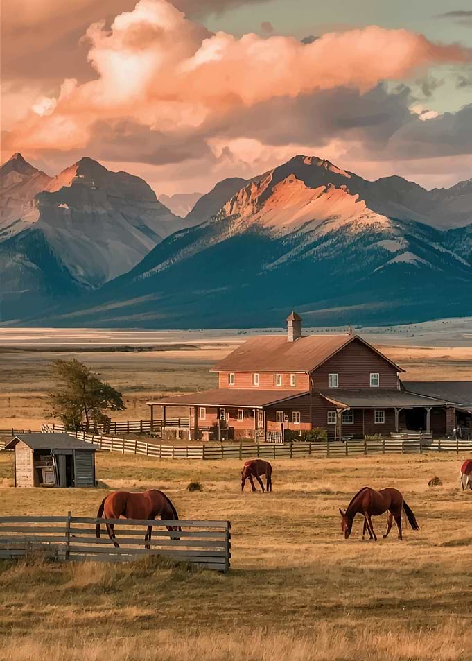 Horses grazing on a ranch with mountains
