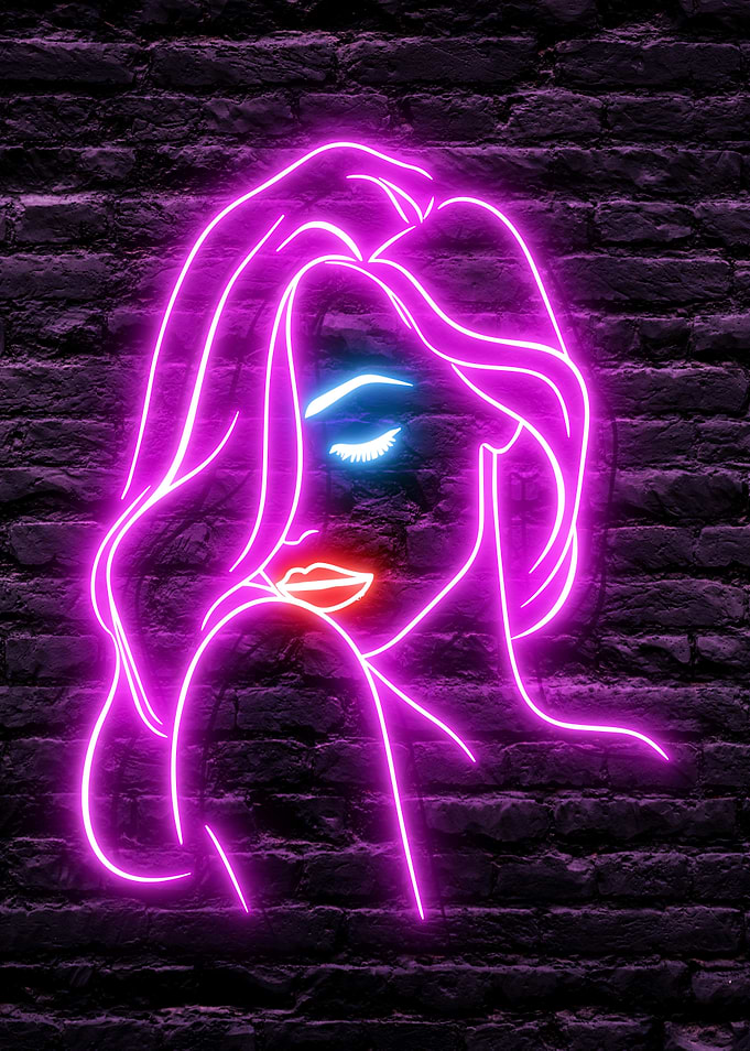 Neon Seductive Beautiful Woman Portrait on dark Brick Wall Background