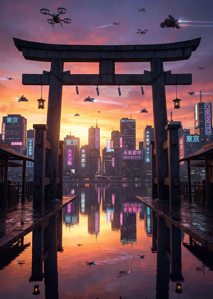 Cyberpunk Torii Gate Cityscape