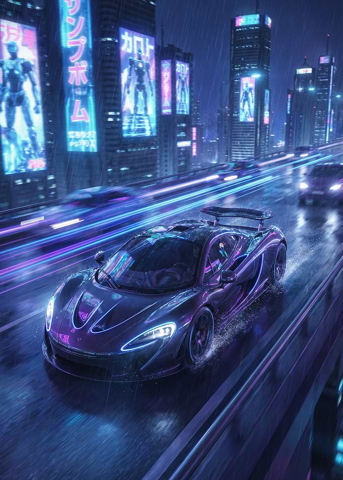 Cyberpunk Car in Rainy City