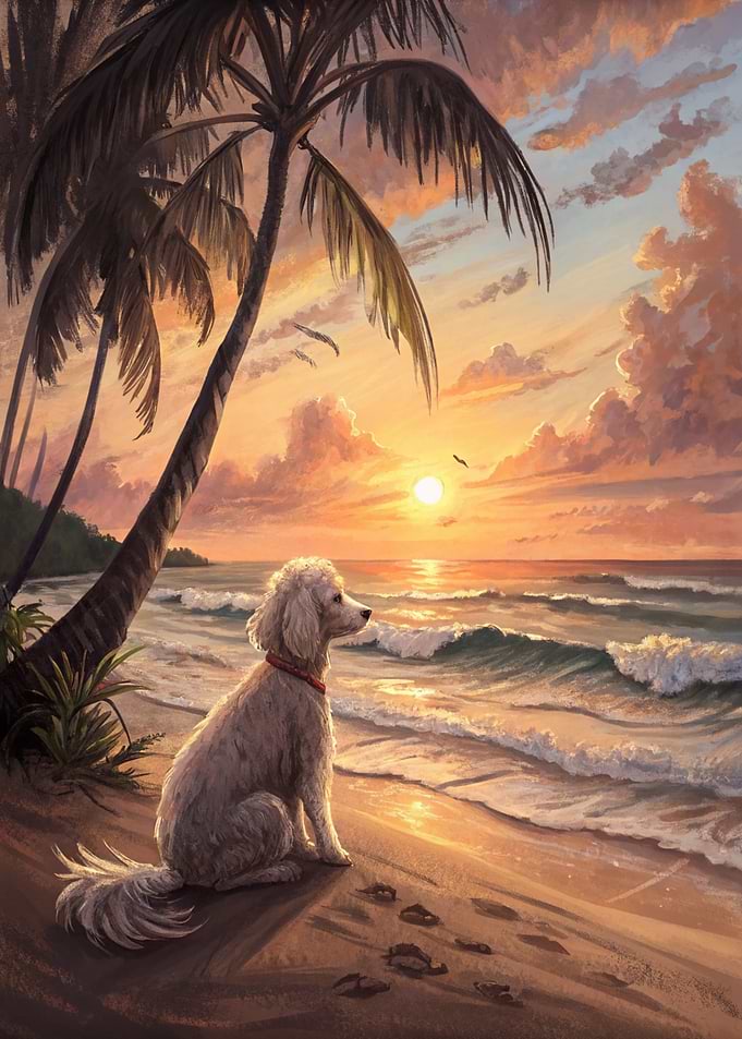 Poodle on a beach at sunset