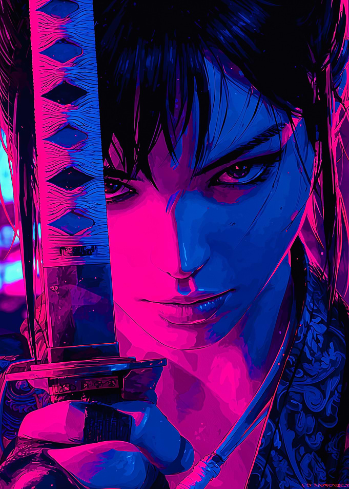 Cyberpunk Samurai Neon Katana Gaze Portrait