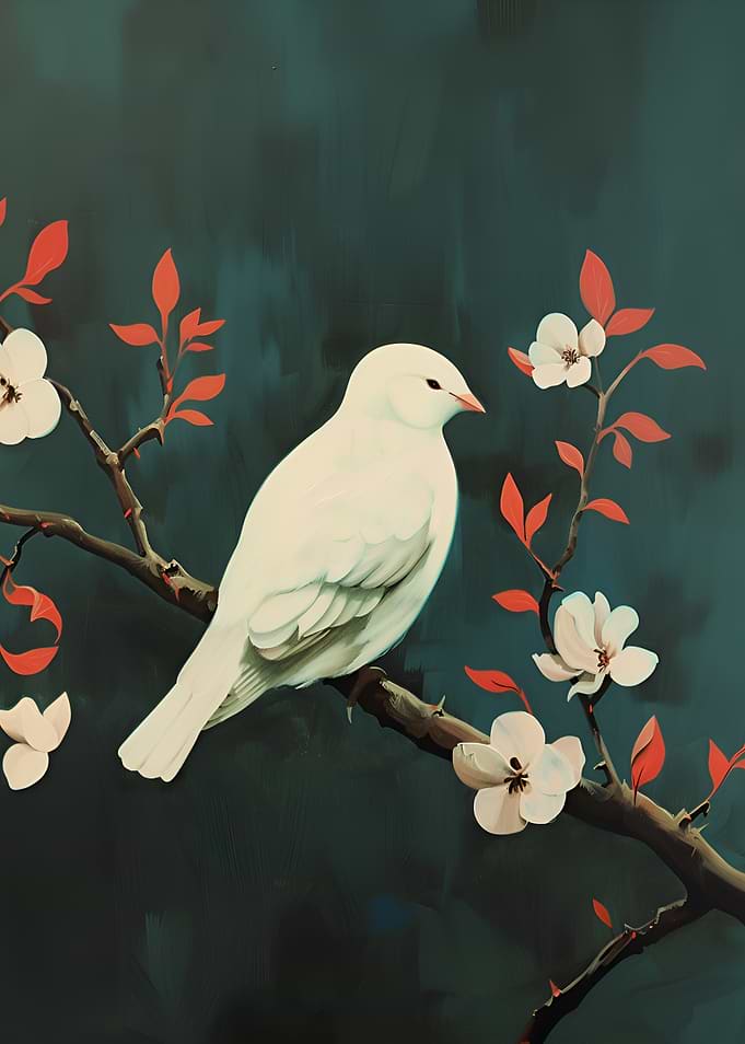 White bird on a branch with flowers