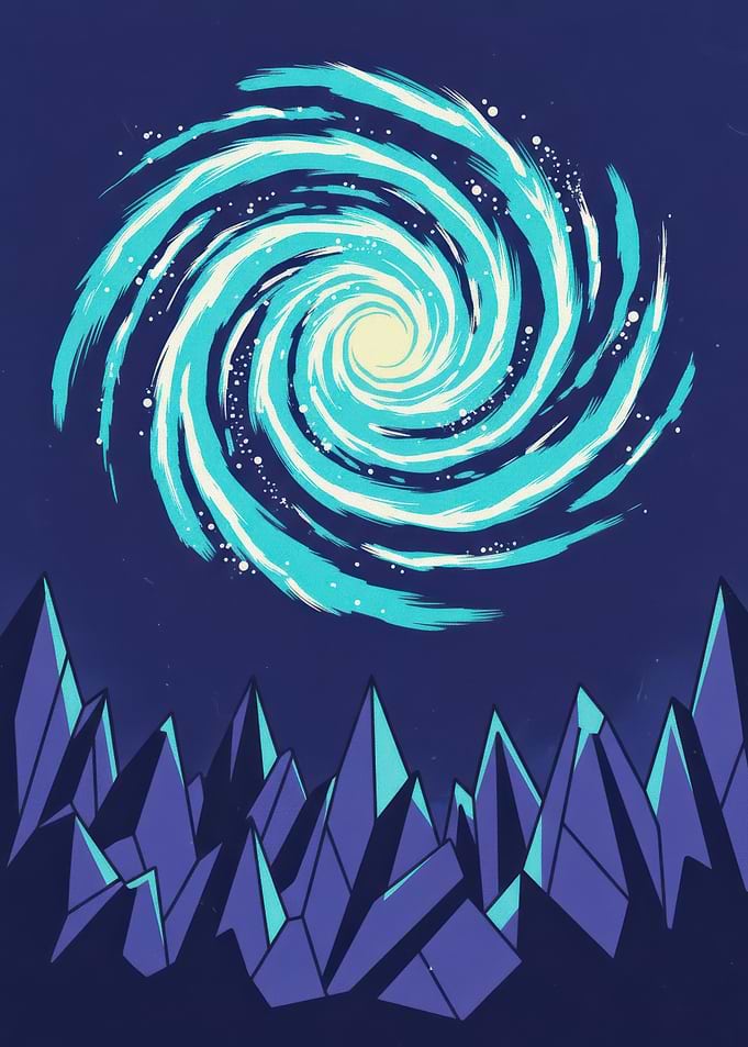 Triangulum Retro Galaxy - Cosmic Swirl Over Crystalline Landscape
