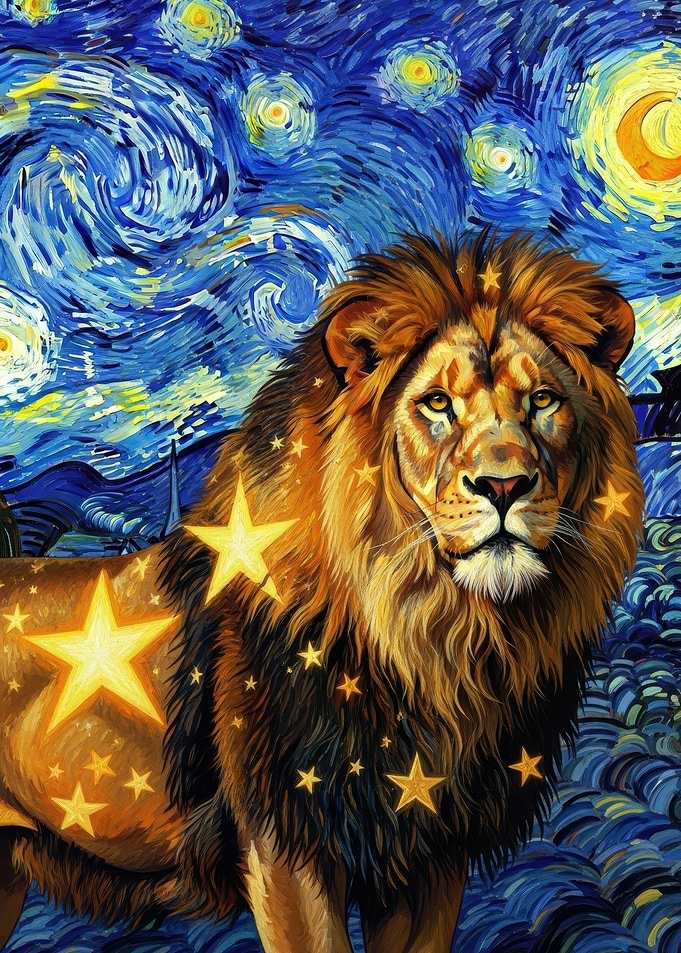 Lion with Stars in Starry Night Sky