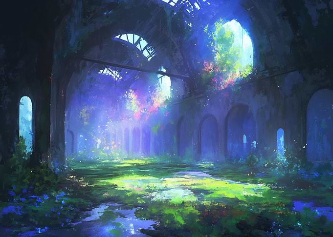 Overgrown Ruined Building with Colorful Light