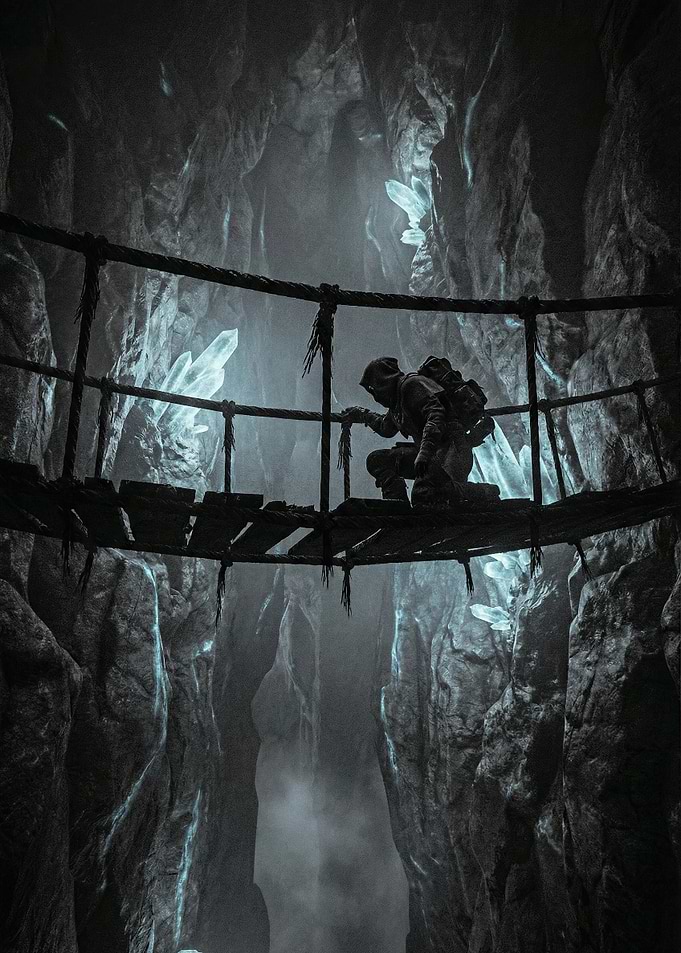 Figure on a Rope Bridge in a Crystal Cave