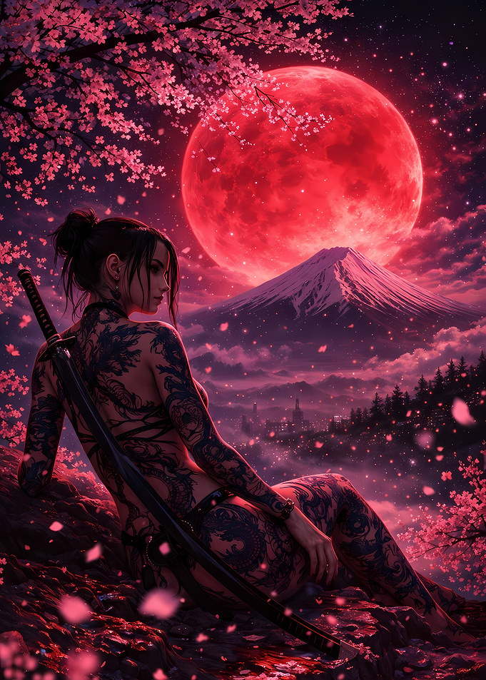 Tattooed Woman Under Red Moon