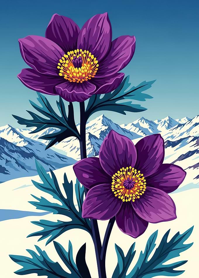 Purple Flowers in Snowy Mountains