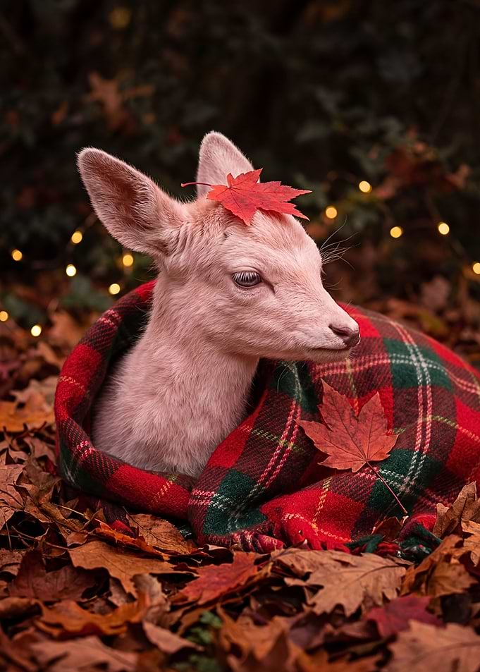 Cute Fawn Wrapped in Plaid Blanket