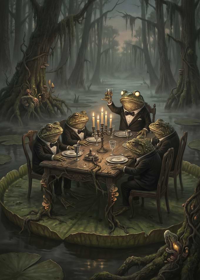 Frogs in Tuxedos at a Swamp Dinner