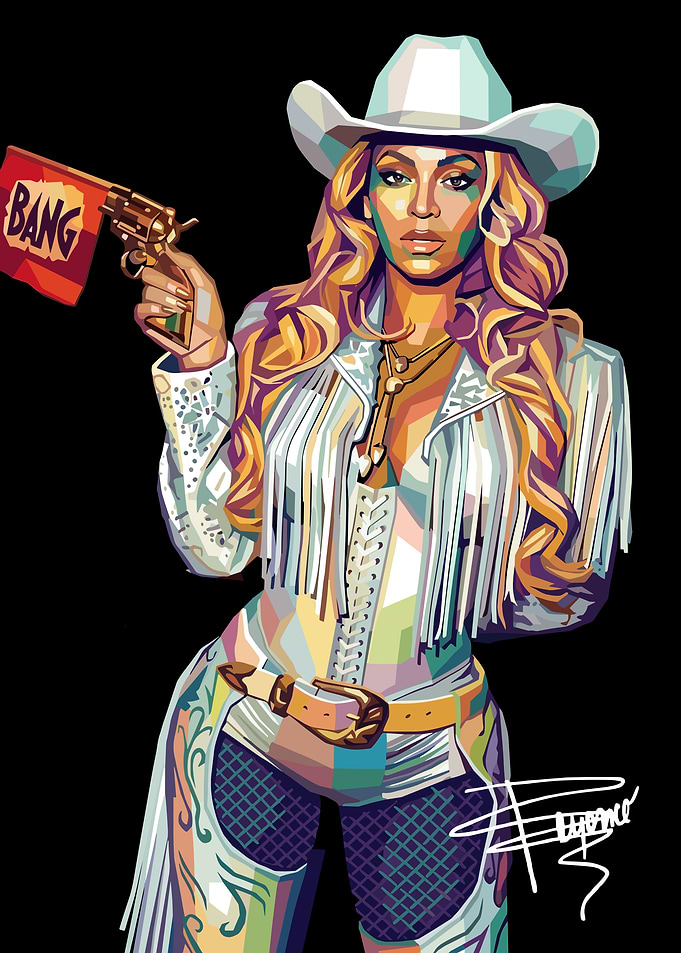 Beyoncé in Cowboy Attire with 'Bang' Gun