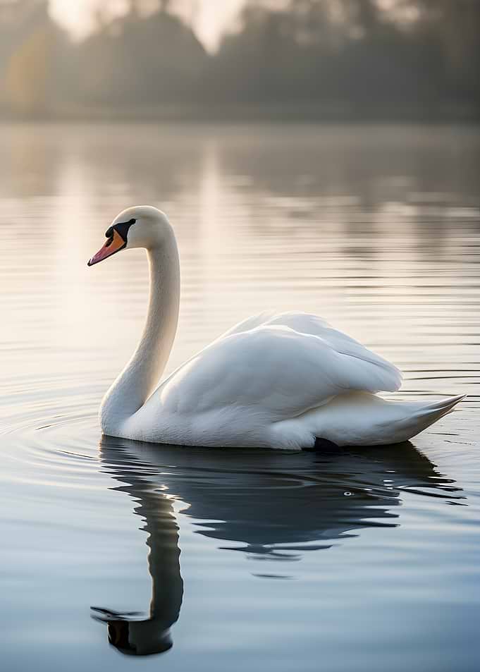 Swan on a calm lake at sunrise