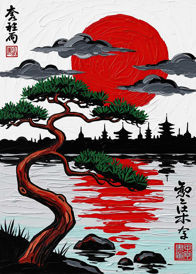 Japanese Landscape with Bonsai and Sun