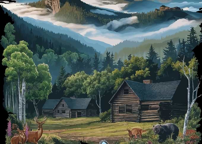 Mountain Cabin Landscape with Wildlife Tenesse Smokey Mountains National Park