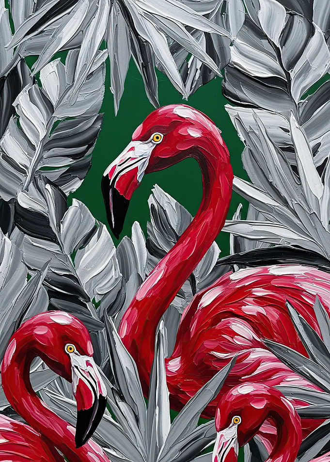 Flamingos amidst tropical foliage