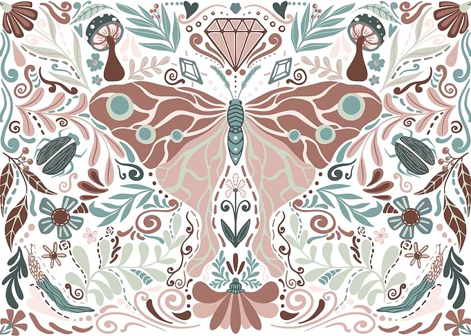 Whimsical Butterfly and Floral Illustration