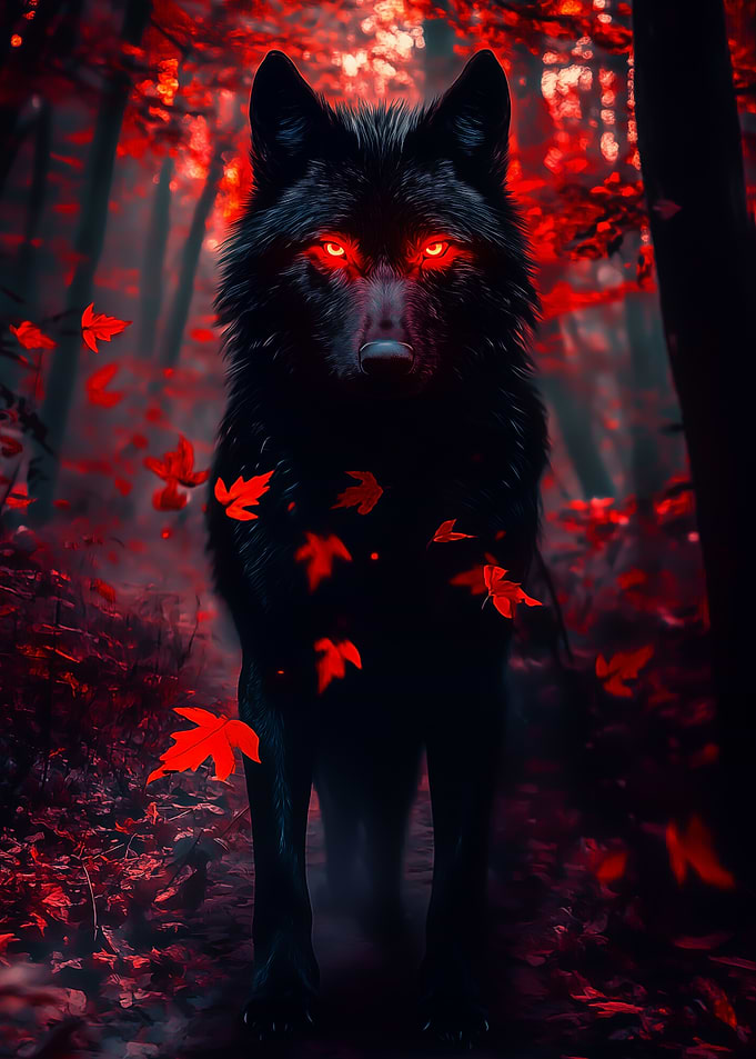Black Wolf with Glowing Red Eyes in Forest