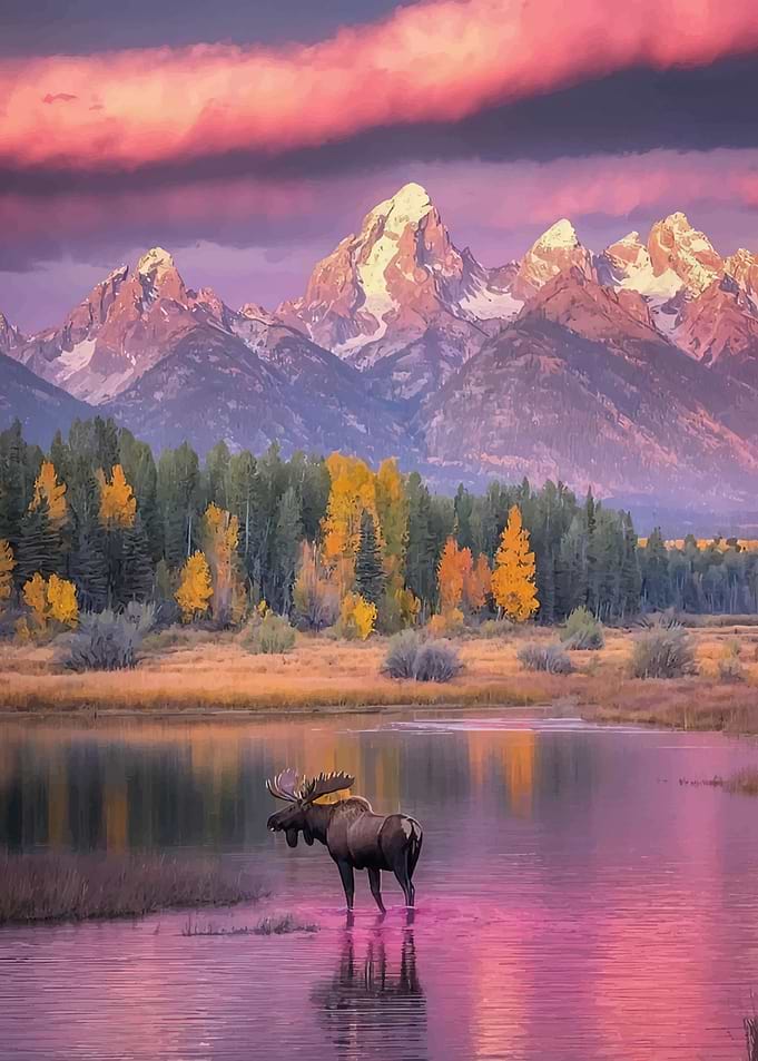 Moose in a lake at sunset