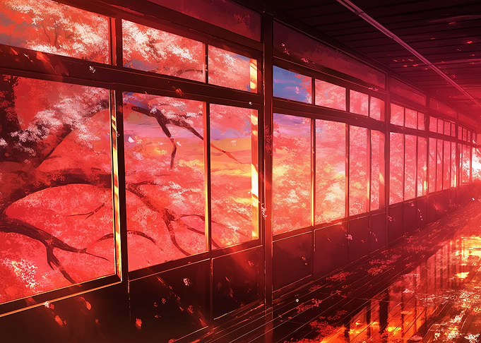 Anime School Hallway at Sunset