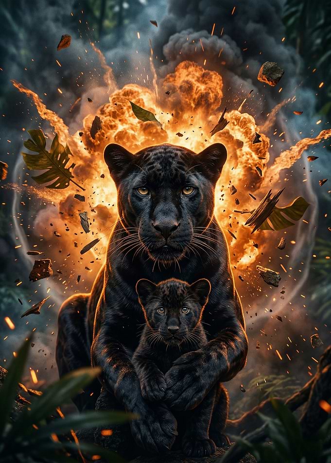 Black Panther Mother and Cub in Jungle Explosion