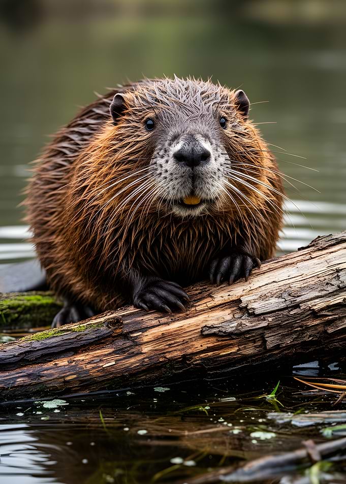 Beaver on a log in water