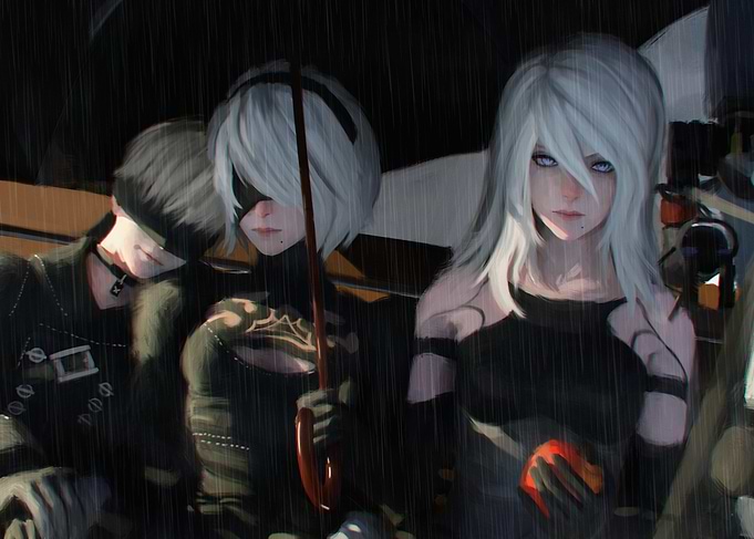 Nier Automata characters in the rain