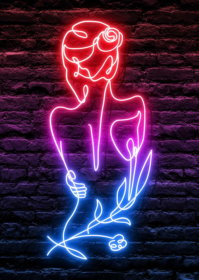 Neon Line Art Seductive Woman with Flower Motive