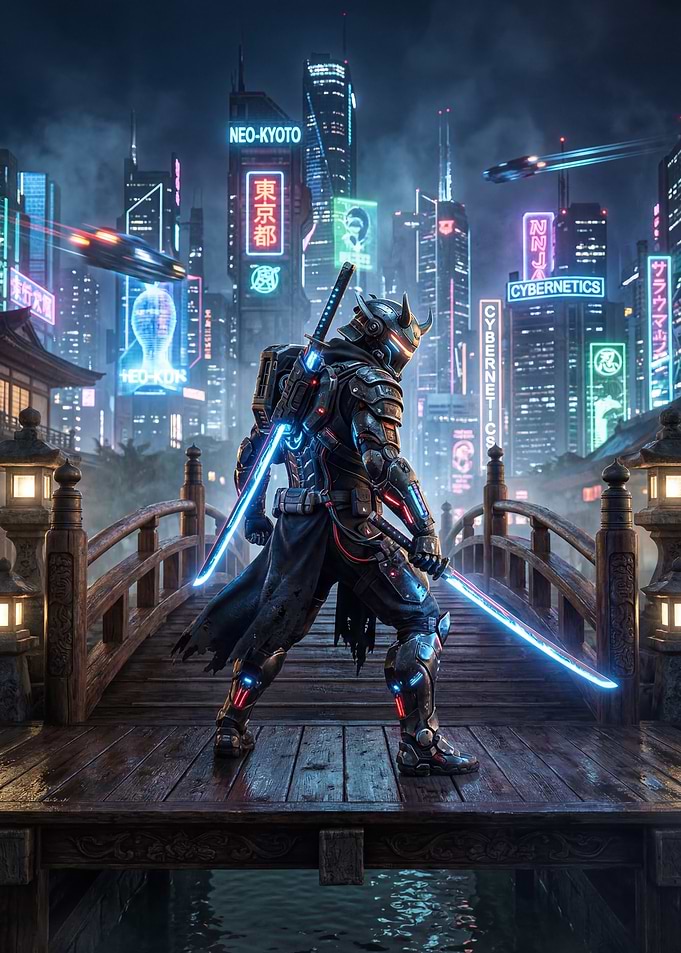 Cyberpunk Samurai in Neo-Kyoto