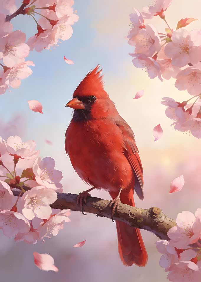 Red Cardinal on Cherry Blossom Branch