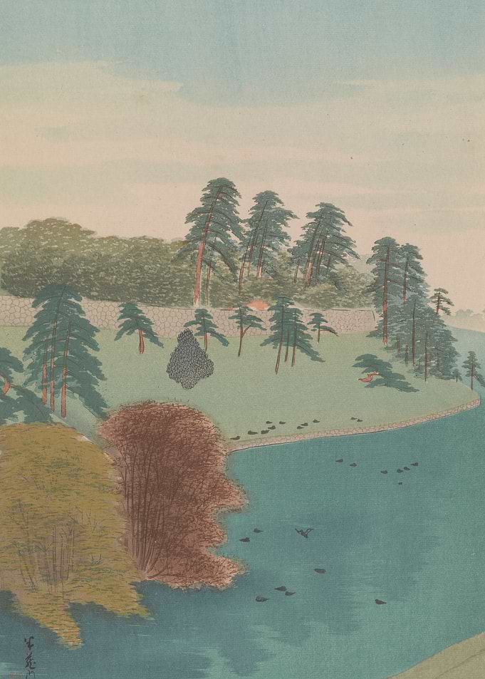Japanese Landscape with Lake and Pine Trees
