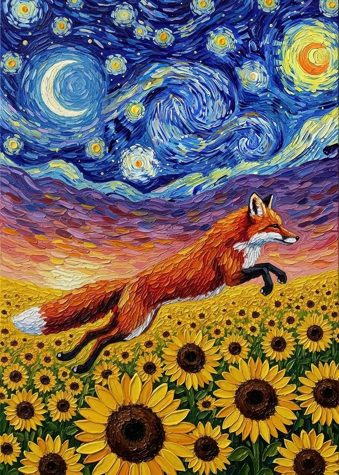 Fox in Sunflower Field Under Starry Sky