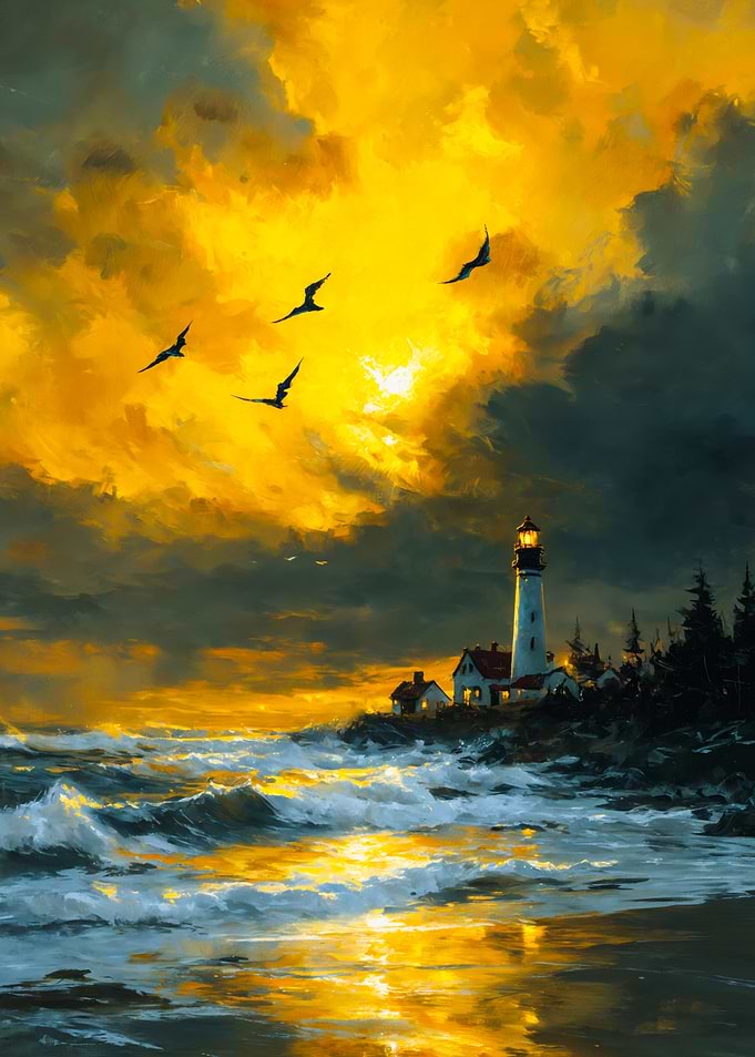 Golden Hour Coastal Lighthouse Painting