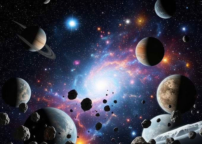 Cosmic Galaxy with Planets and Asteroids