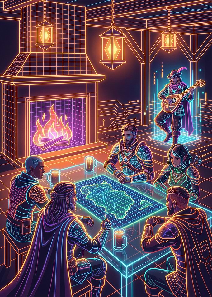 Fantasy adventurers in a futuristic tavern